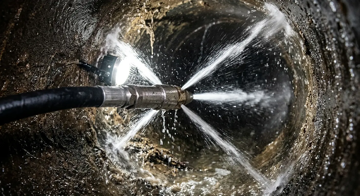 High-pressure hydro jetting nozzle cleaning sewer pipe for Storm Drain Cleaning in Glastonbury
