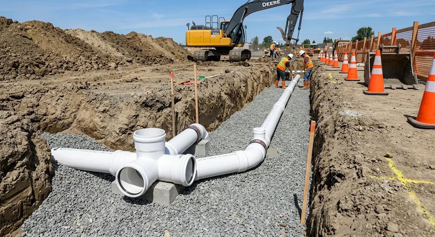 New PVC sewer pipe installation in open trench for Sewer Backup in Glastonbury