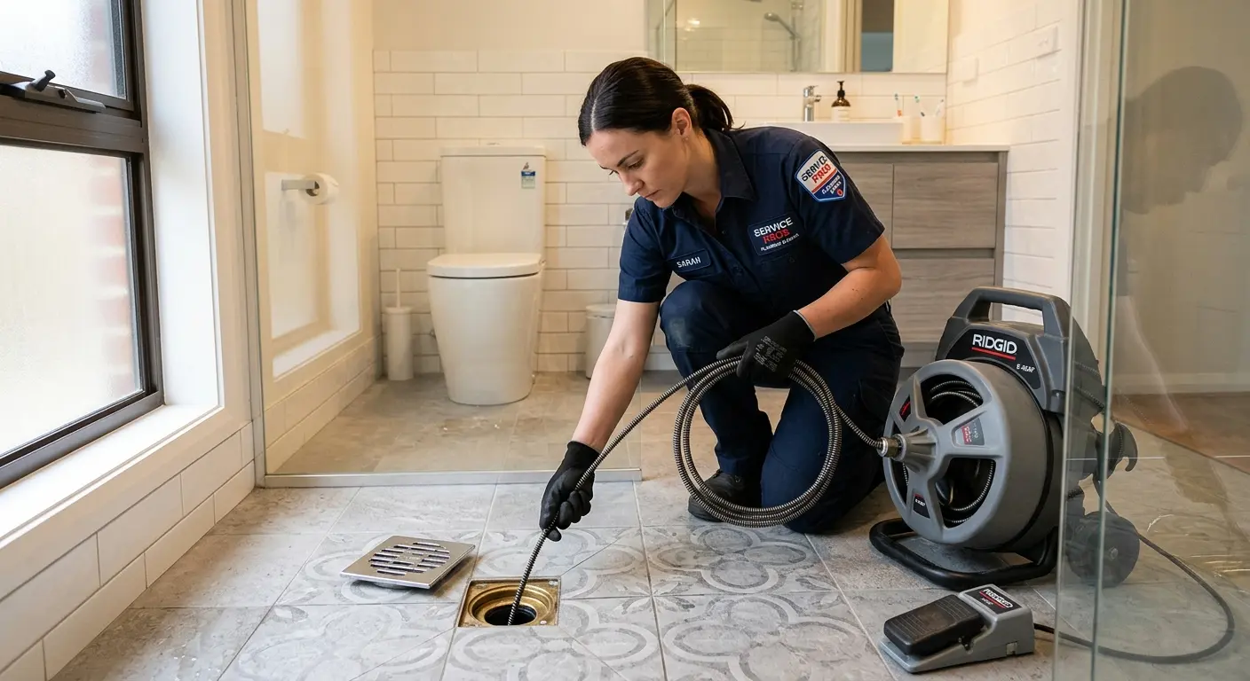 Technician clearing a bathroom floor drain for Drain Cleaning in Glastonbury
